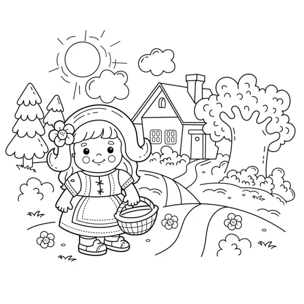 Coloriage Aperçu Dessin Animé Fille Mignonne Avec Panier Marchant Maison — Image vectorielle