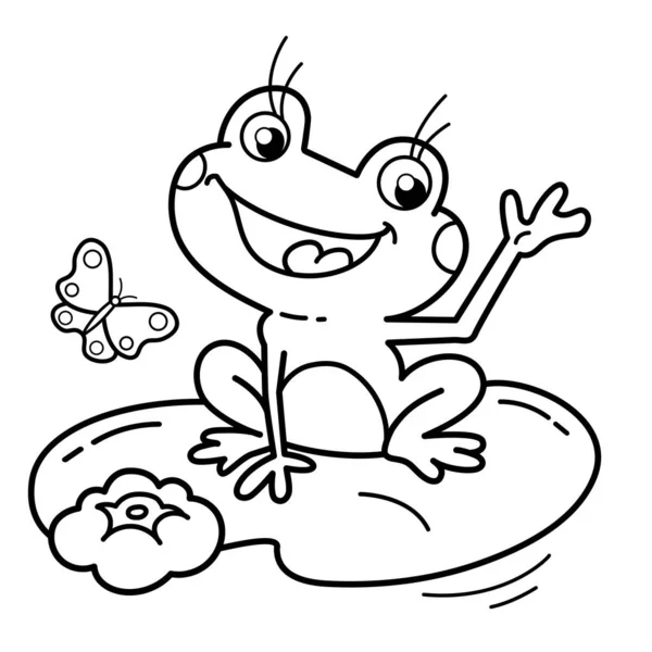 ぬりえページ概要蝶と睡蓮の上の漫画陽気なカエルの概要 子供のためのぬり絵 — ストックベクタ