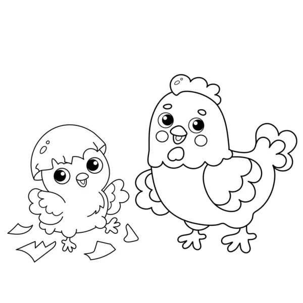 Página Para Colorear Esquema Pollo Gallina Dibujos Animados Con Polluelo — Vector de stock