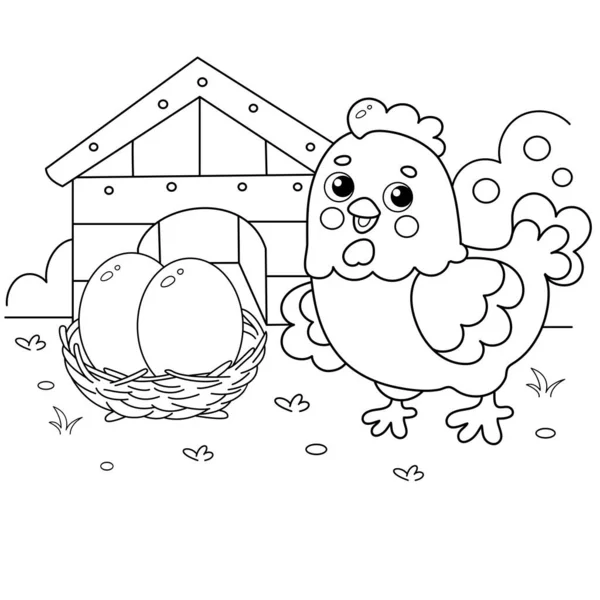 Coloring Page Outline Cartoon Chicken Nest Eggs Farm Coloring Book — Stock Vector