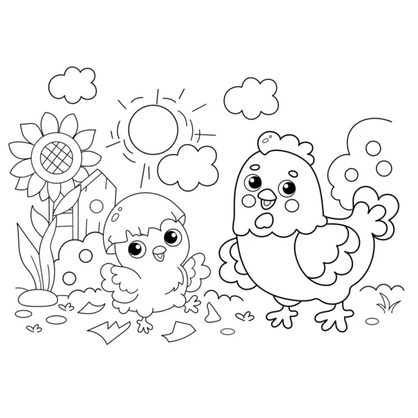 卡通鸡或有新生小鸡的母鸡的彩色页面轮廓 用鸡蛋做窝 儿童彩色书 — 图库矢量图片