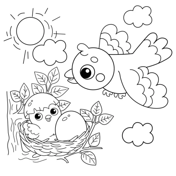 Página Para Colorear Esquema Dibujos Animados Polluelo Nido Con Huevo — Vector de stock