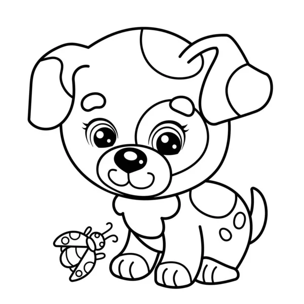 Kleurplaat Overzicht Van Cartoon Kleine Hond Leuke Puppy Met Lieveheersbeestje — Stockvector