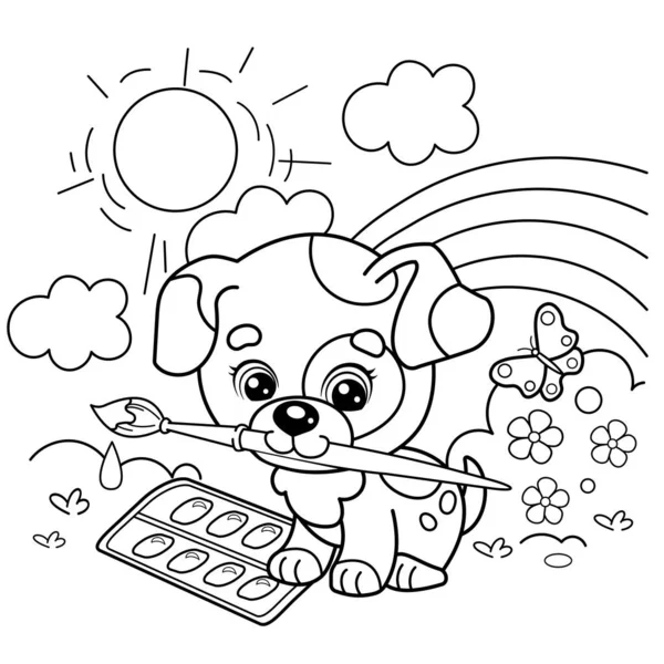 만화에 나오는 물감으로 색칠하는 귀여운 강아지 예술가 무지개 감도는 여름날 — 스톡 벡터