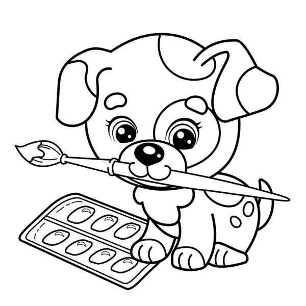 Coloring Page Outline Cartoon Little Dog Brush Paints Cute Puppy — Stock Vector