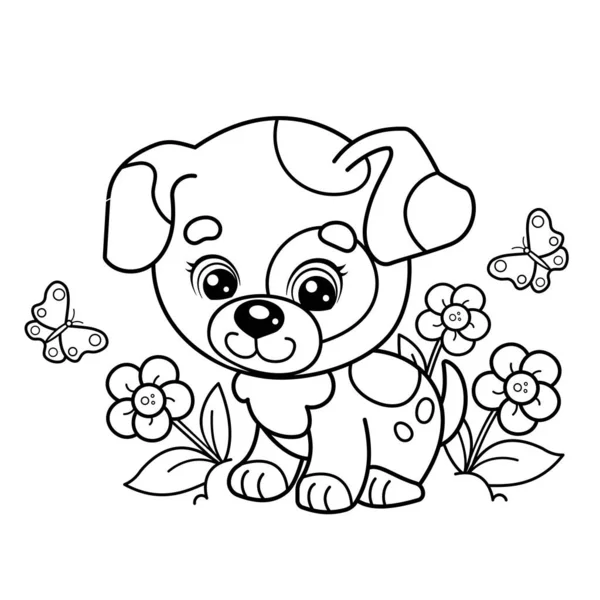 Desenho Página Colorir Desenho Animado Pouco Cão Clareira Flor Cachorrinho —  Vetores de Stock