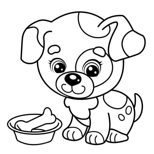 Coloring Page Outline Of cartoon little dog with bone. Cute puppy. Pet. Coloring book for kids