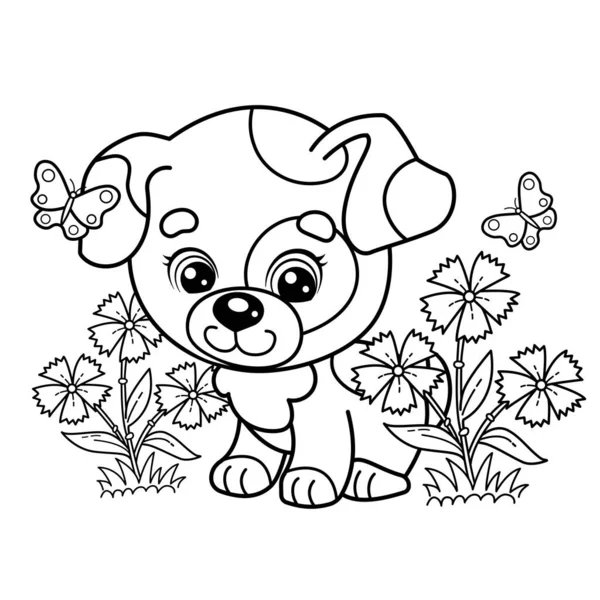 Kleurplaat Overzicht Van Cartoon Kleine Hond Bloem Clearing Leuke Puppy — Stockvector