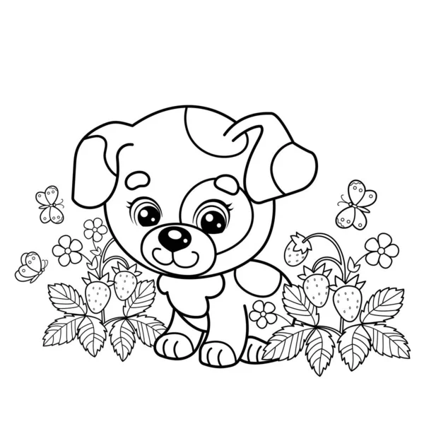 Desenho Página Colorir Desenho Animado Pequeno Cão Clareira Morango Cachorrinho — Vetor de Stock