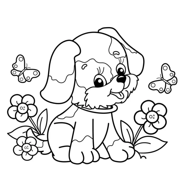 Χρωματισμός Σελίδα Περίγραμμα Του Καρτούν Μικρό Σκυλί Στο Ξέφωτο Λουλουδιών — Διανυσματικό Αρχείο