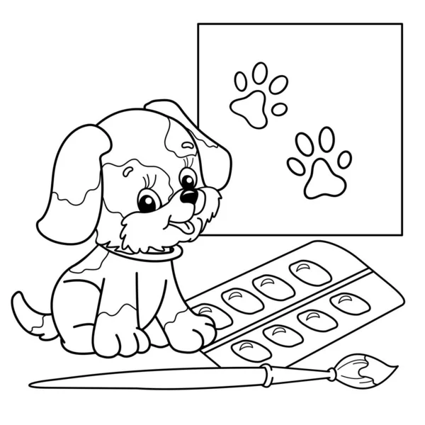 Kleurplaat Overzicht Van Cartoon Kleine Hond Met Borstel Verf Leuke — Stockvector