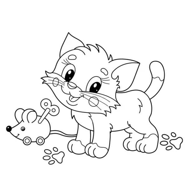 Coloring Page Outline Kartun Kucing Kecil Dengan Mainan Jarum Jam - Stok Vektor