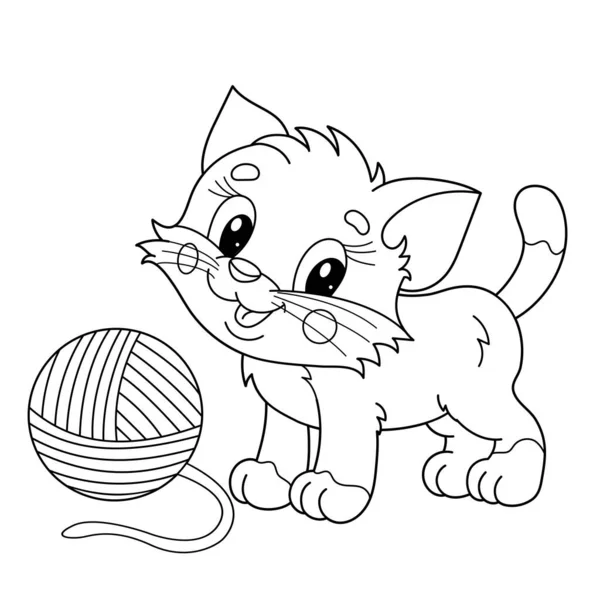 Coloring Page Outline Cartoon Little Cat Ball Yarn Cute Playful — Stock Vector