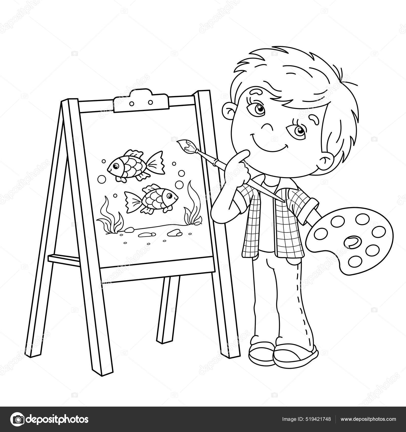 Coloring Page Outline Cartoon Boy Brush Paints Little Artist Easel