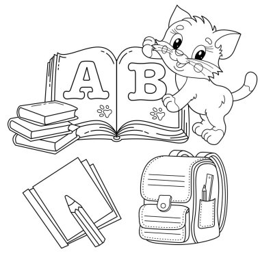 Okul malzemeleriyle çizgi film kedisinin ana hatlarını boyamak. Çantalı, kitaplı ve ders kitaplı şirin bir kedi yavrusu. Alfabe ve okuma. Çocuklar için boyama kitabı