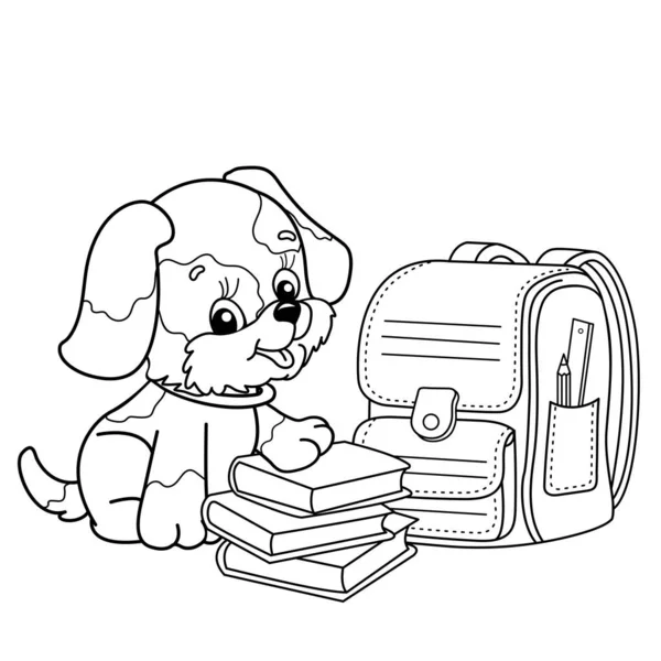 Розмальовка Сторінка Начерки Мультфільму Маленька Собака Шкільними Приладдям Милий Цуценя — стоковий вектор