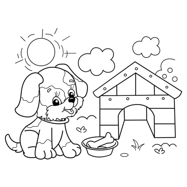 Desenho Desenho Desenhos Animados Com Casa Cachorro Osso Cãozinho Bonito — Vetor de Stock