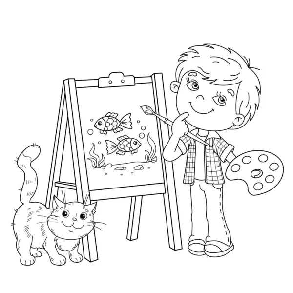用画笔 颜料和猫给卡通人物配色 画架前的小画家画彩鱼 儿童彩色书 — 图库矢量图片