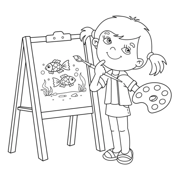 Coloring Page Outline Cartoon Girl Brush Paints Little Artist Easel — Stock Vector