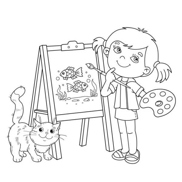 用画笔 颜料和猫画卡通画的女孩 画架前的小画家画彩鱼 儿童彩色书 — 图库矢量图片