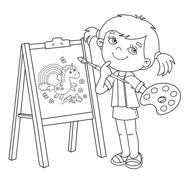 ぬりえページ概要筆と塗料で漫画の女の子の概要 魔法のユニコーンを描くイーゼルの小さな芸術家 子供のためのぬり絵 — ストックベクタ