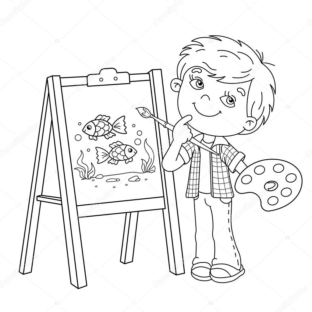 Página Para Colorear Esquema Niño Dibujos Animados Con Pincel