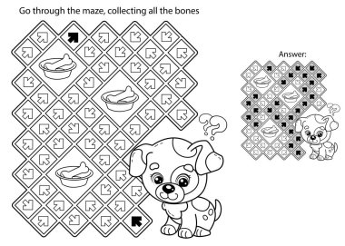 Labirent ya da Labirent Oyunu. Bulmaca. Kemikli küçük bir köpeğin boyama sayfası. Yavru köpek. Çocuklar için boyama kitabı.