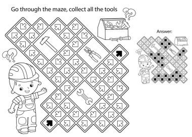 Okul öncesi çocuklar için labirent ya da labirent oyunu. Bulmaca. Çizgi Film İşçisinin araçları ile Renklendirme Sayfası. Çocuklar için boyama kitabı.
