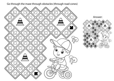Labirent ya da Labirent Oyunu. Bulmaca. Bisikletli ya da bisikletli çizgi film karakteri. Spor aktivitesi. Çocuklar için boyama kitabı.