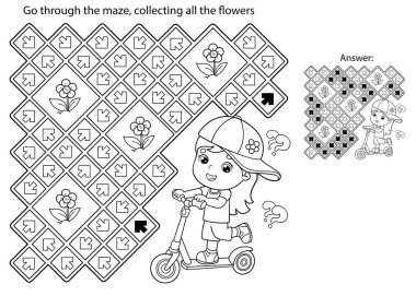 Labirent ya da Labirent Oyunu. Bulmaca. Scooter 'ı olan çizgi film kızlarının ana hatlarını boyamak. Spor aktivitesi. Çocuklar için boyama kitabı.