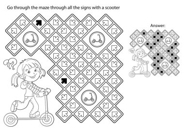 Labirent ya da Labirent Oyunu. Bulmaca. Scooter 'ı olan çizgi film kızlarının ana hatlarını boyamak. Spor aktivitesi. Çocuklar için boyama kitabı.
