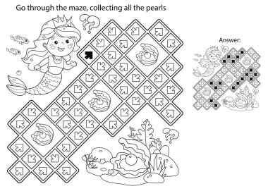Labirent ya da Labirent Oyunu. Bulmaca. Çizgi filmin rengarenk sayfası. Güzel küçük denizkızı. Deniz Prensesi. Su altı dünyası. Çocuklar için boyama kitabı.