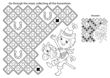 Labirent ya da Labirent Oyunu. Bulmaca. Çizgi film karakterinin boyama sayfasında oyuncak atla kovboyculuk oynuyordu. Ev işleri, temizlik, çocuklar için boyama kitabı..