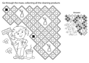 Labirent ya da Labirent Oyunu. Bulmaca. Çizgi film kızı kova ve paspasla renklendirme sayfası. Ev işleri, temizlik, çocuklar için boyama kitabı..