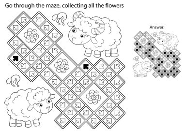 Labirent ya da Labirent Oyunu. Bulmaca. Küçük kuzuyla çizgi film koyununun ana hatlarını boyamak. Yavrularıyla birlikte çiftlik hayvanları. Çocuklar için boyama kitabı.