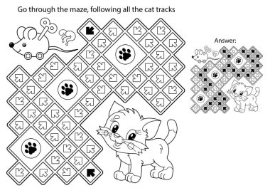 Labirent ya da Labirent Oyunu. Bulmaca. Oyuncak fareli küçük bir kedinin çizgi film ana hatlarını boyama. Çocuklar için boyama kitabı.