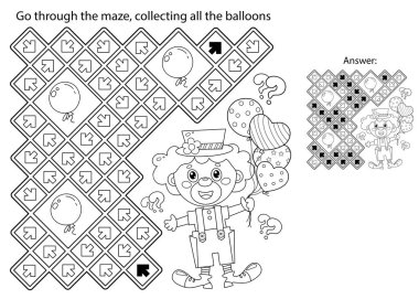 Labirent ya da Labirent Oyunu. Bulmaca. Renkli balonlu karikatür sirk palyaçosunun ana hatları. Çocuklar için boyama kitabı.