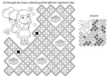 Labirent ya da Labirent Oyunu. Bulmaca. Kalbi ve balonları olan çizgi film kızlarının ana hatlarını boyamak. Sevgililer Günü. Çocuklar için boyama kitabı.