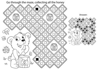 Labirent ya da Labirent Oyunu. Bulmaca. Çizgi film karakteri, bal fıçısıyla küçük ayı yavrusu. Çocuklar için boyama kitabı.