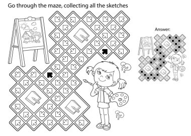 Labirent ya da Labirent Oyunu. Bulmaca. Boyalı ve fırçalı çizgi film kızlarının ana hatlarını boyamak. Şövaleli küçük bir sanatçı. Çocuklar için boyama kitabı.