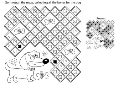Labirent ya da Labirent Oyunu. Bulmaca. Kemikli küçük bir köpeğin boyama sayfası. Dachshund köpeği. Çocuklar için boyama kitabı.