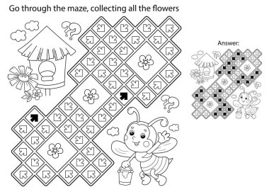 Labirent ya da Labirent Oyunu. Bulmaca. Çizgi filmin ana hatlarıyla boyama sayfasında bal kovası olan küçük bir arı. Bütün çiçekleri toplayın. Çocuklar için boyama kitabı.
