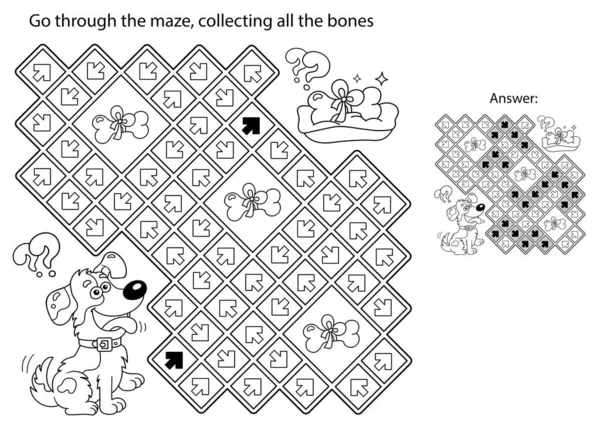 Labyrinth Oder Labyrinth Spiel Puzzle Malvorlage Umriss Des Zeichentrickspaß Hund — Stockvektor