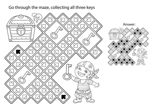 Labirinto Labirinto Puzzle Desenho Desenho Desenhos Animados Pirata Com Baú —  Vetores de Stock