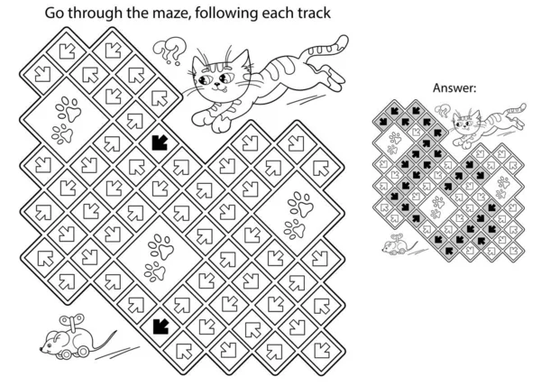 Labyrint Nebo Labyrint Puzzle Zbarvení Stránky Obrys Kreslené Kočičky Hodinovou — Stockový vektor