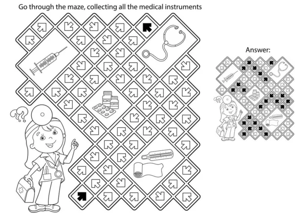 Labyrinth Oder Labyrinth Spiel Puzzle Malvorlagen Umriss Der Karikatur Doktor — Stockvektor