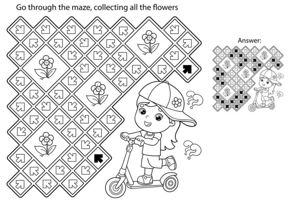 迷宫或迷宫游戏 用滑板车给卡通女郎配色 体育活动 儿童彩色书 — 图库矢量图片