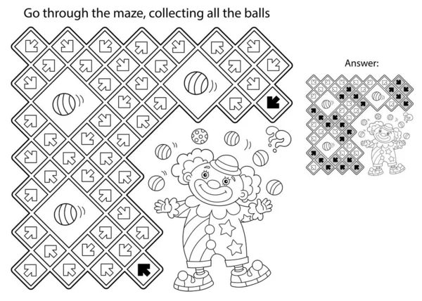 迷路や迷路ゲーム パズルだ ぬりえページカラフルなボールと漫画サーカスのピエロの概要 子供のためのぬり絵 — ストックベクタ