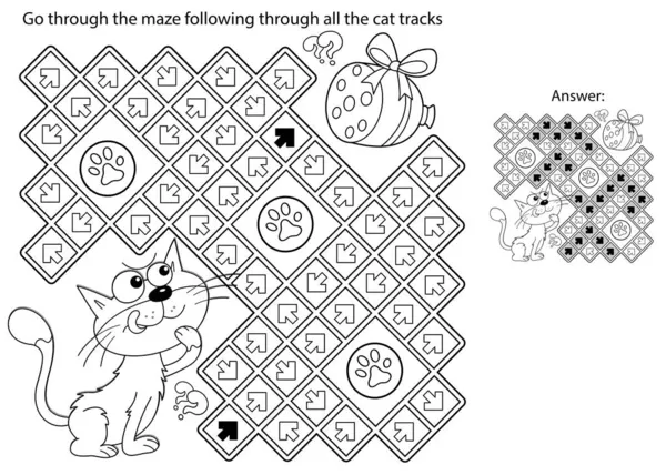 Мэйз Лабиринт Гейм Головоломка Раскраска Страницы Образ Мультяшного Кота Ровесником — стоковый вектор