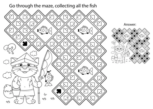 Labyrint Eller Labyrint Spel Pussel Färgläggning Sida Kontur Tecknad Katt — Stock vektor